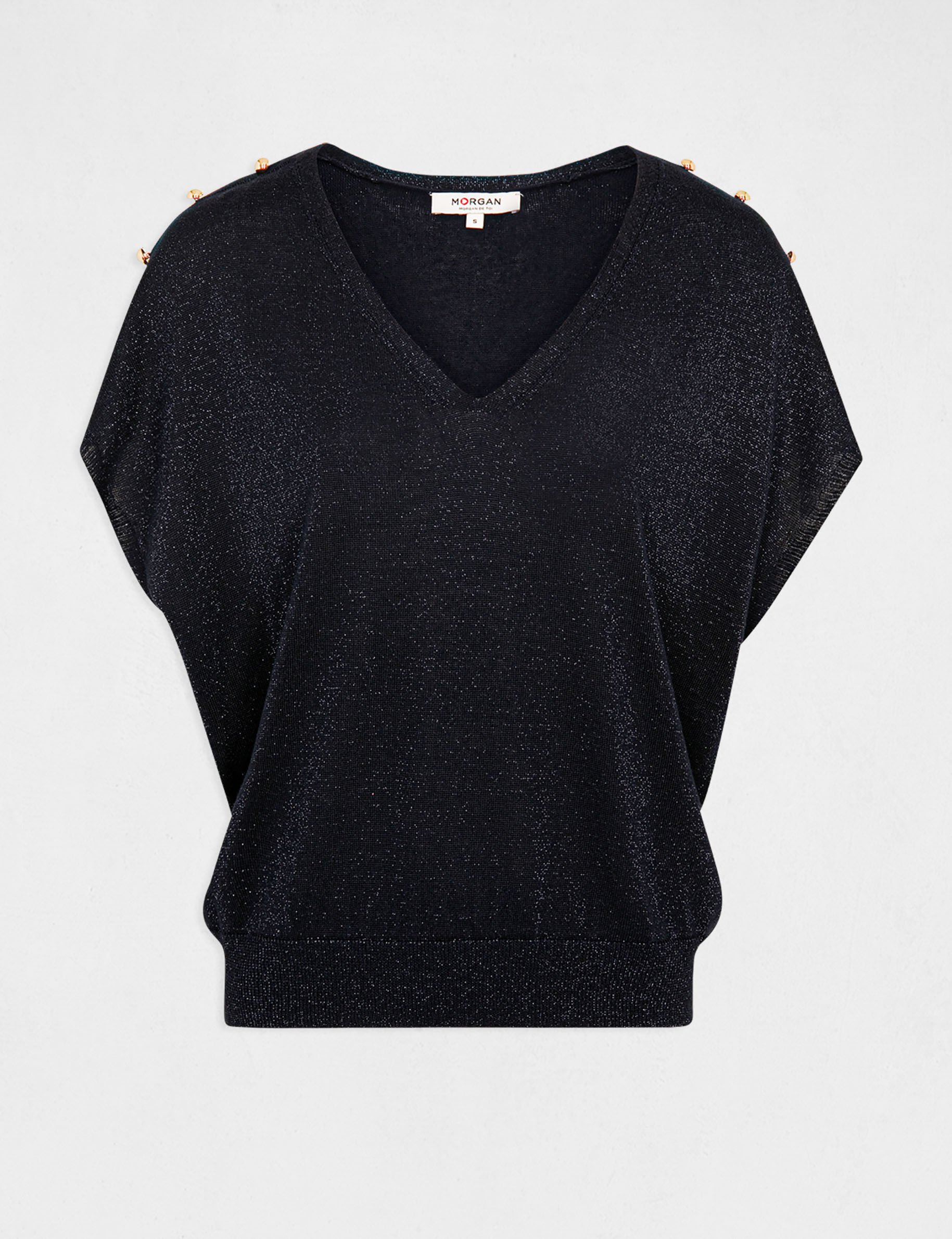 Pull manches courtes à col en V marine femme - marine