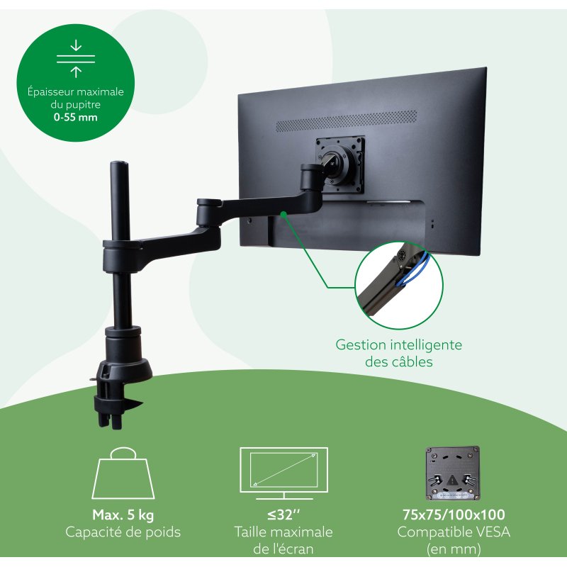 R-Go Tools Bras d'écran R-Go Zepher, bras pour écran simple, entièrement réglable, capacité de charge 0-8 Kg, 100% circulaire, noir