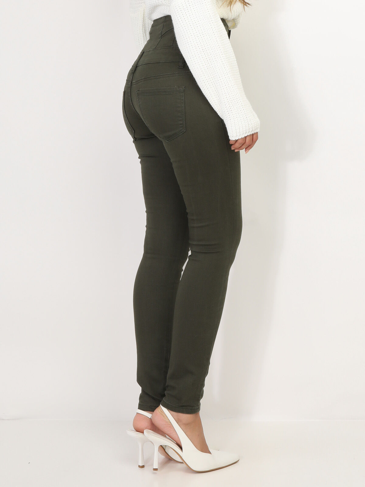 Jeans skinny taille haute à boutons- Kaki