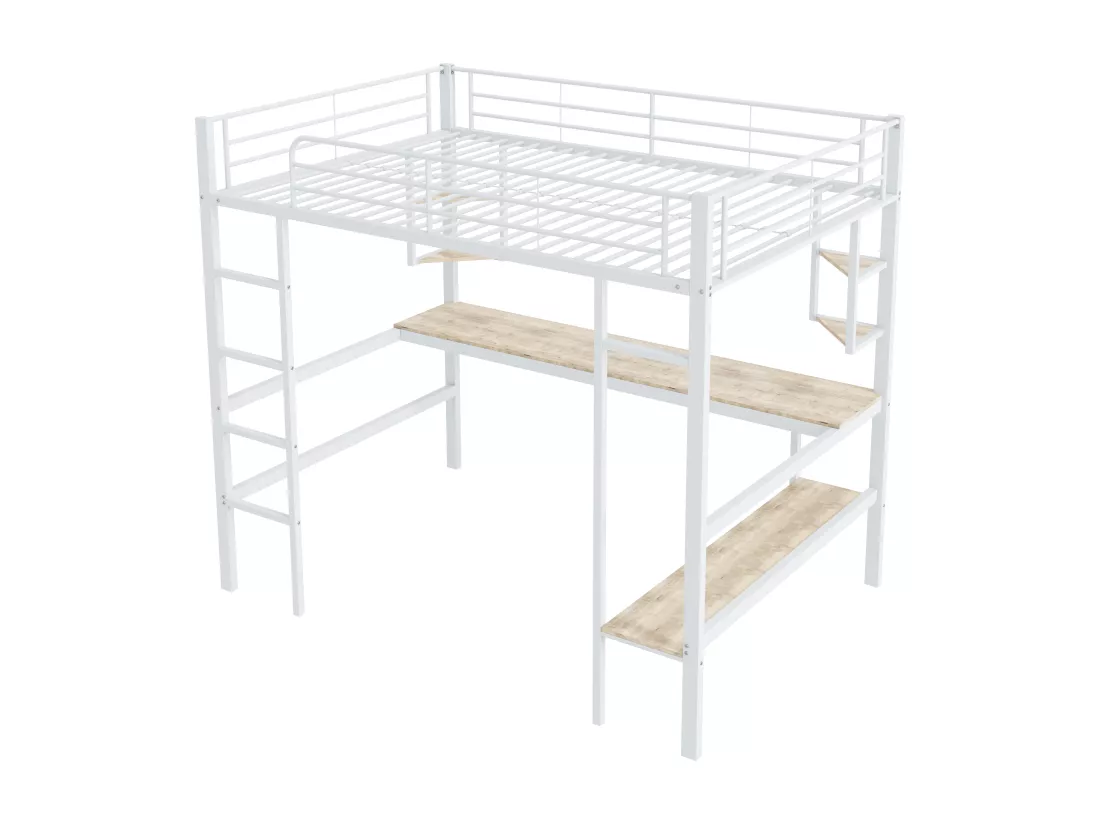 Lit mezzanine en fer - 90x200cm - avec bureau et 5 étagères - Blanc