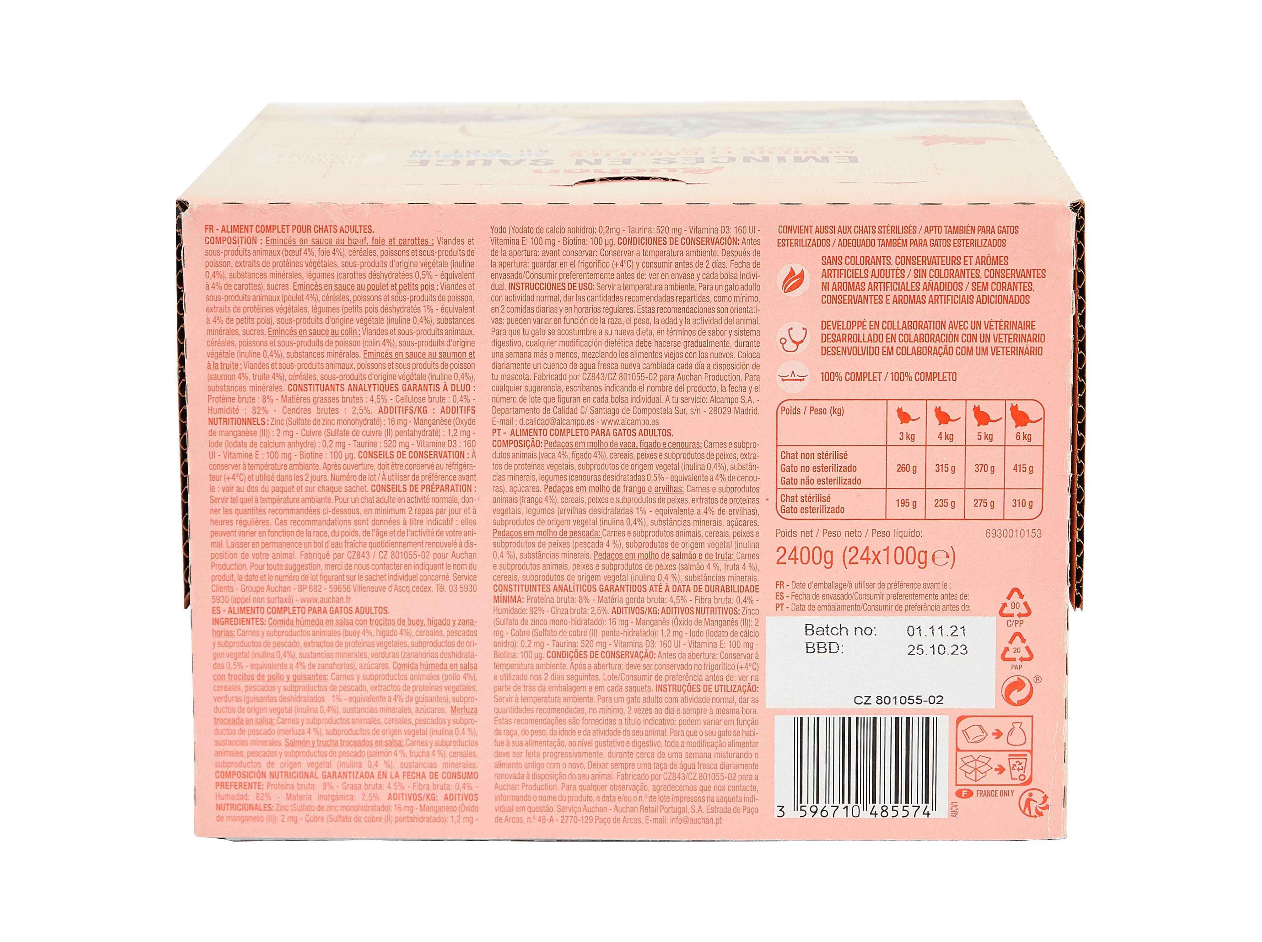 COMIDA HÚMIDA PARA GATO AUCHAN SAQUETAS PEDAÇOS EM MOLHO MIX 24X100G