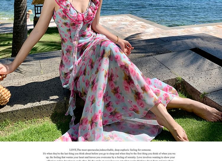 Egsy - Mouwloze maxi-zonnejurk met ronde hals en bloemenruffle