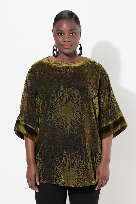 Bluse, Ausbrenner-Samt, Oversized, Rundhals, Halbarm