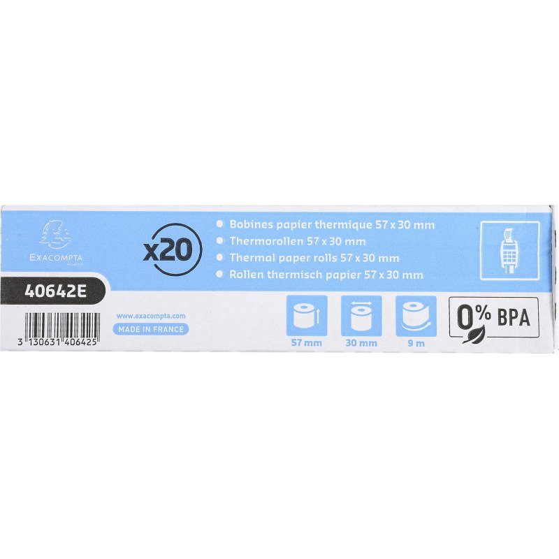 Bobines Terminaux bancaires Exacompta 40642E - l 57 mm x L 9 m, Ø 30 mm - 1 pli(s) - paquet de 20
