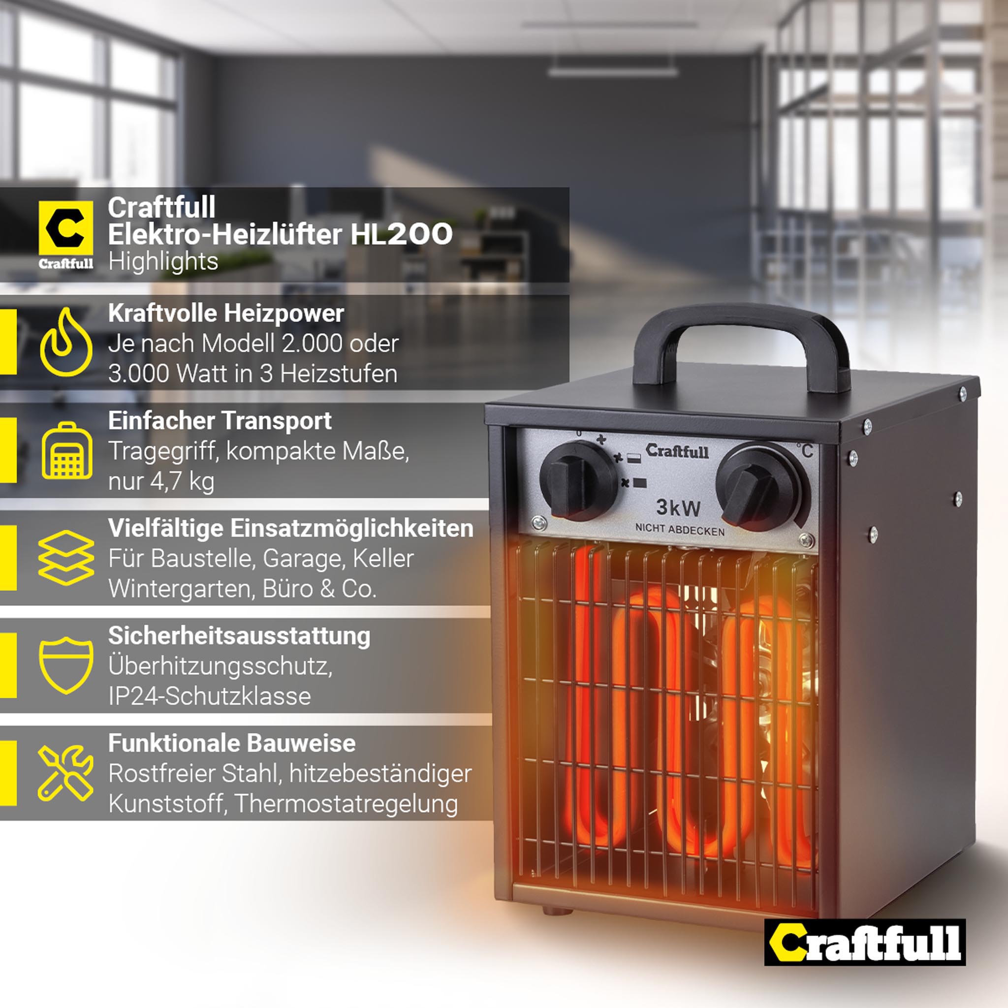 Craftfull Elektro-Heizlüfter HL200, 2000/3000 Watt, Überhitzungsschutz, Thermostat, Griff, Stahl (3000 Watt)