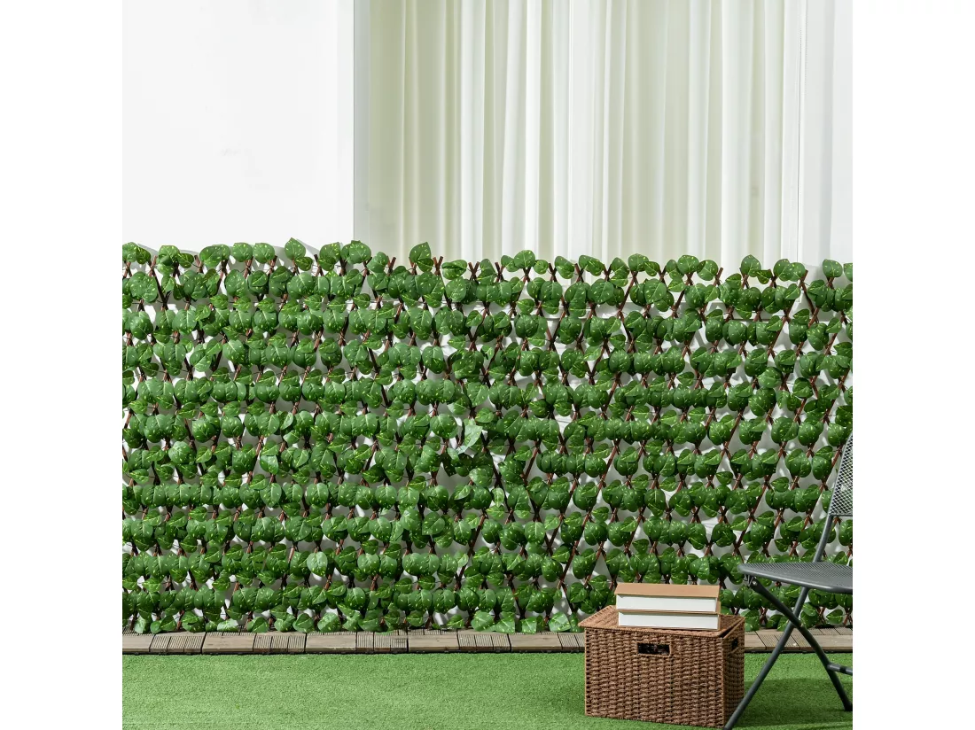 Lot de 2 haies artificielles feuilles de radis - treillis extensibles - brise-vue canisse végétale feuillage réaliste 2L x 1H m PE marron vert