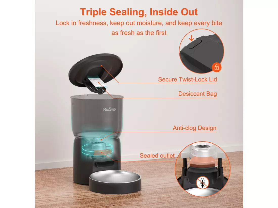 Balimo 3L Distributeur Croquettes Chat Automatique 2.4G WiFi, 1-10 Repas par Jour, Noir