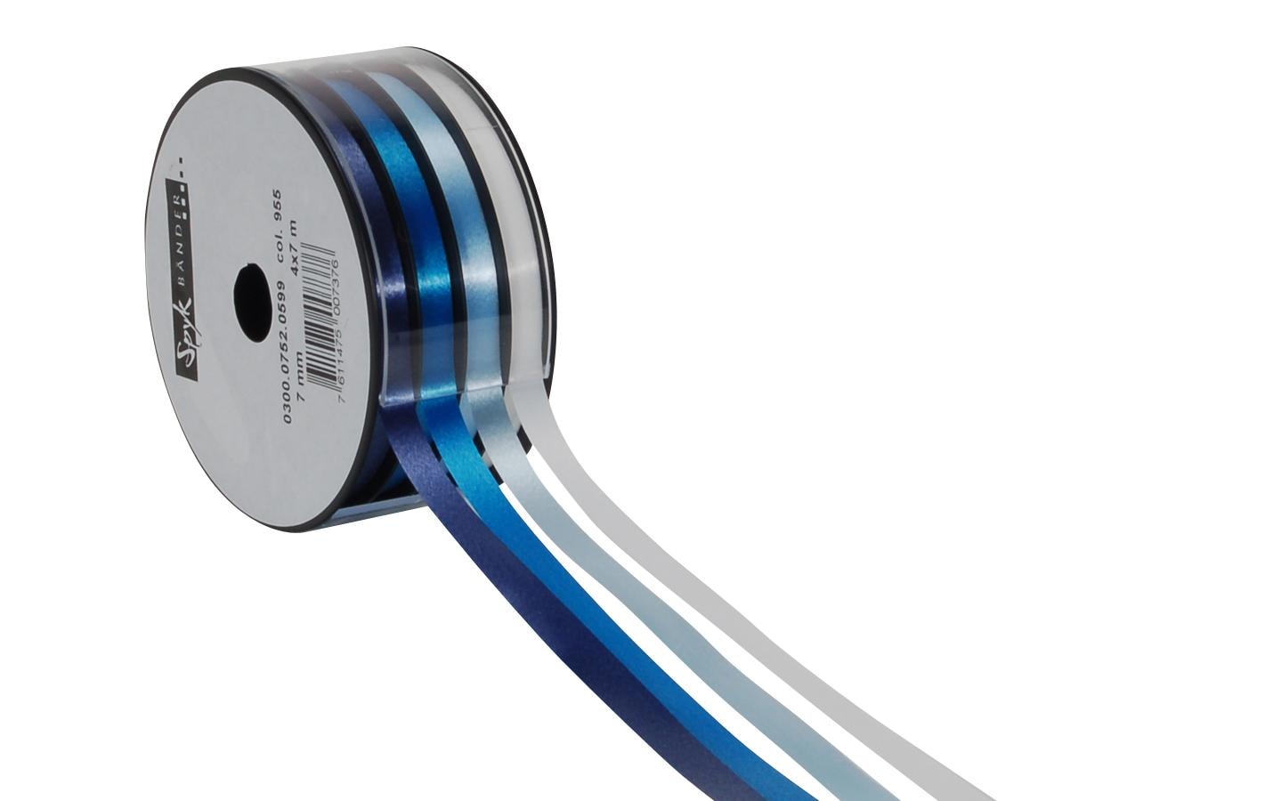 Geschenkband Kombispule 4 x 7 mm x 7 m, Blau/WeissKräuselband für Geschenke