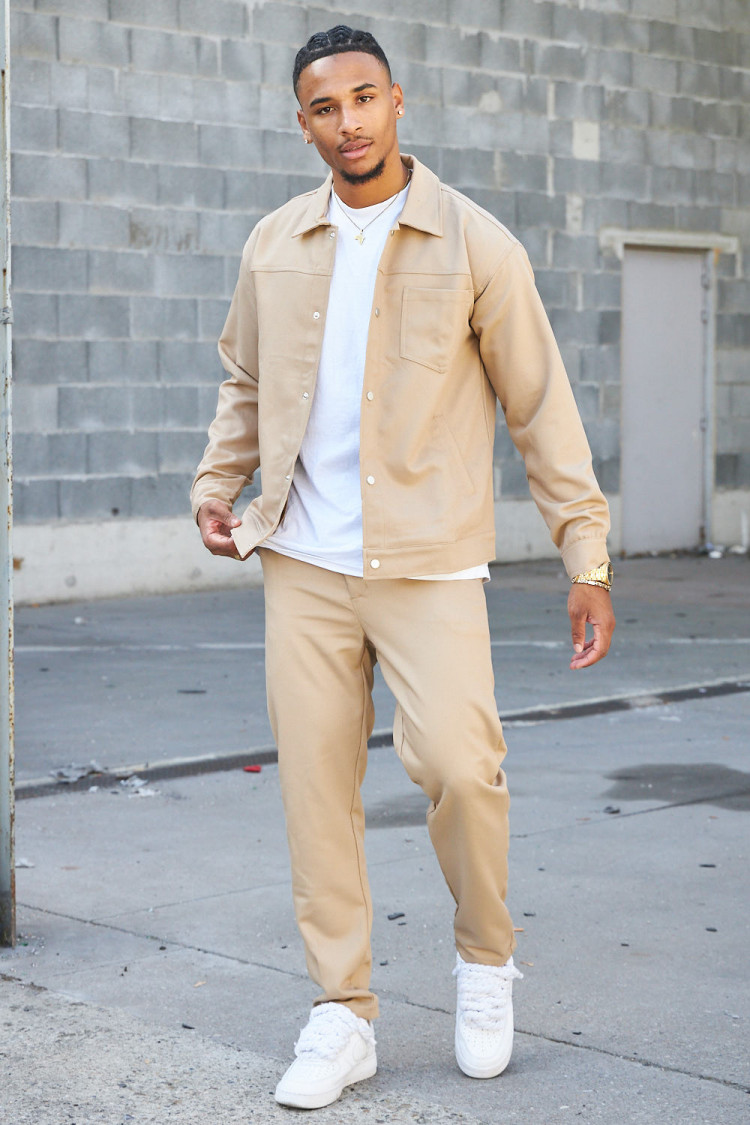 Ensemble 2 pièces veste + pantalon beige foncé à rayures