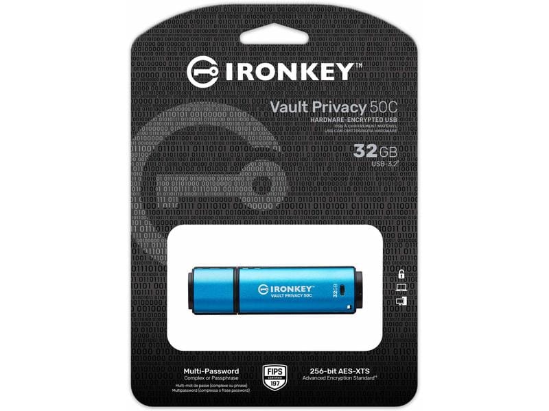 Kingston USB-Stick IronKey Vault Privacy 50C 32 GB XTS-AES 256-Bit verschlüsselter USB-Stick mit 32 GB Speicherkapazität