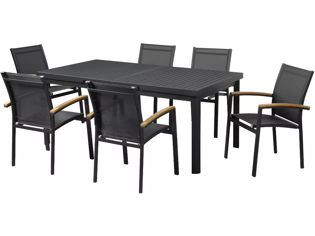 Salle à manger de jardin en aluminium : une table extensible L.180/240cm et 6 fauteuils empilables avec accoudoirs acacia - Anthracite - NAURU de MYLIA