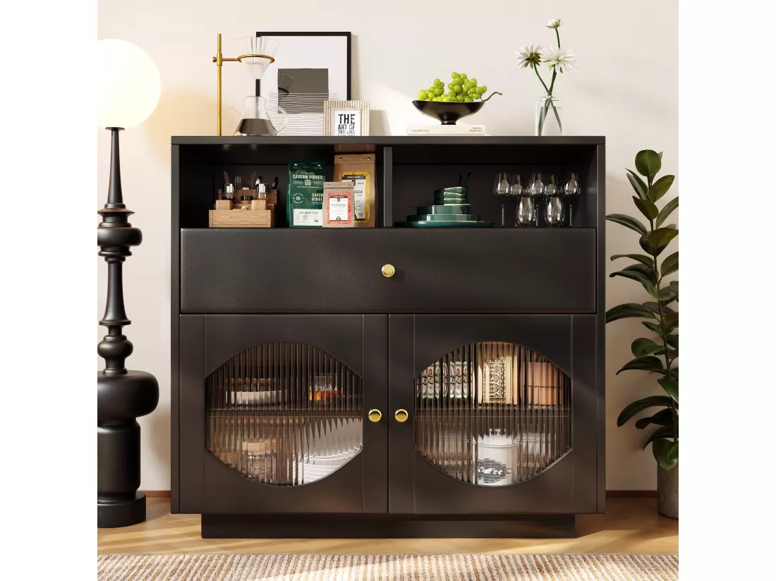 Buffet multifonctionnel noir avec porte en verre de luxe,d100cm×h90.5cm