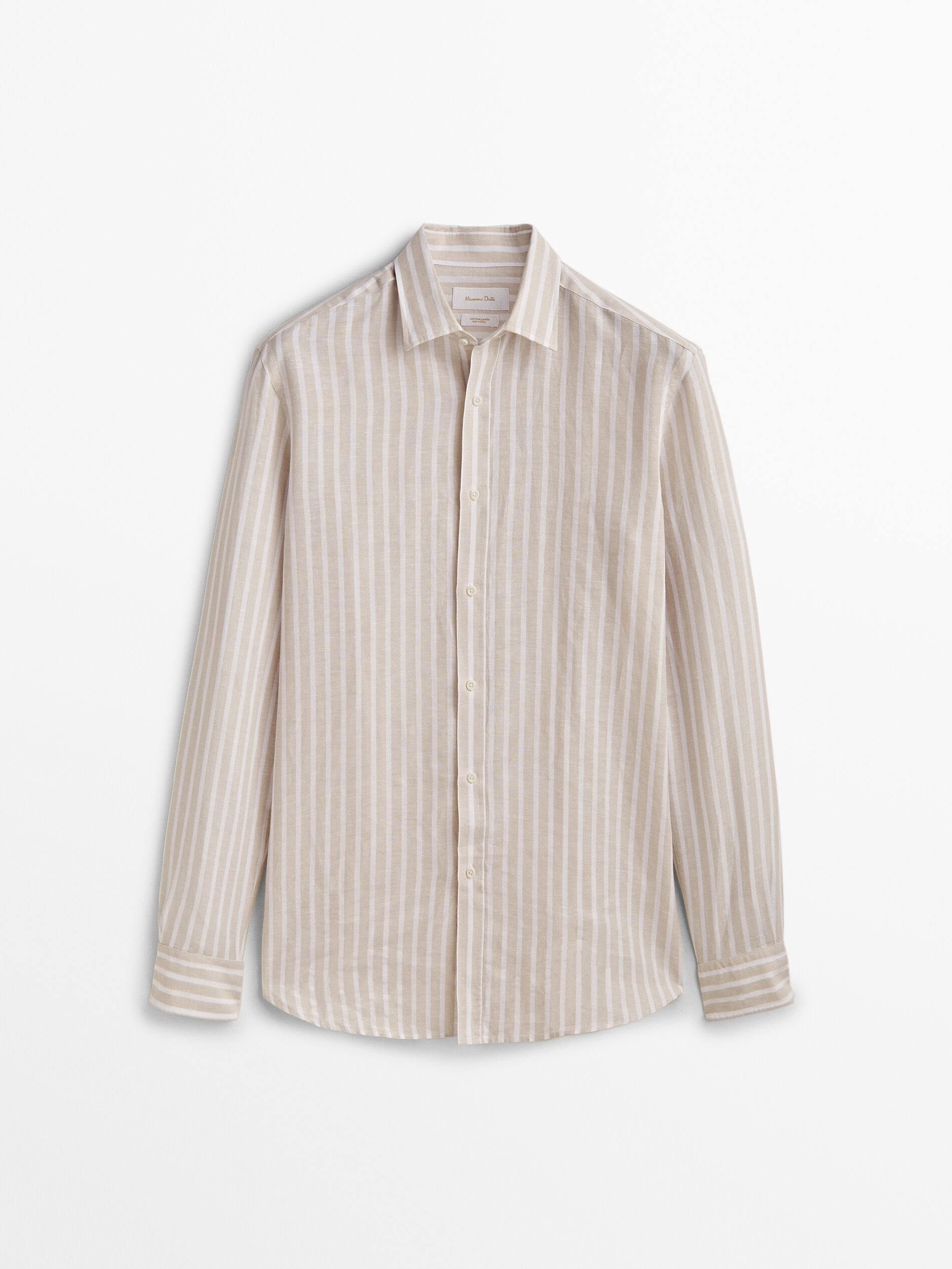 Rayas camisa com lino e algodón slim fit - BEIGE