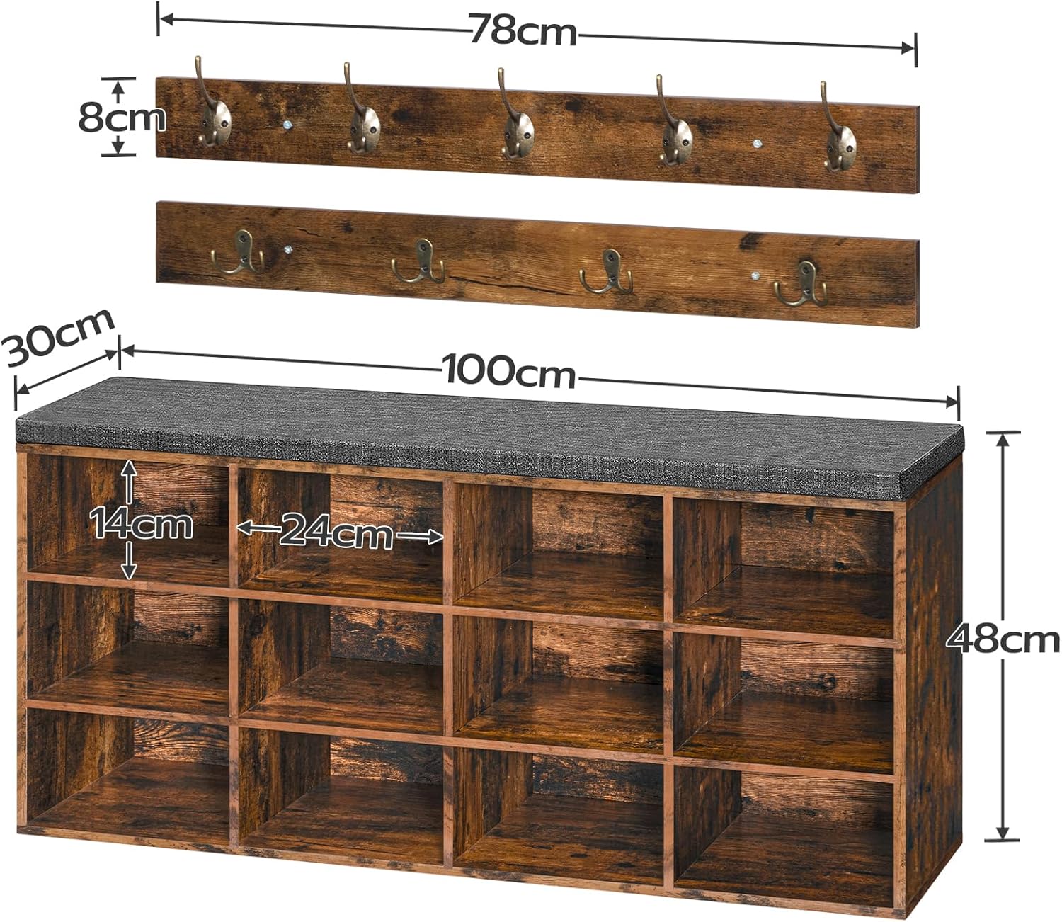 HOOBRO Garderobe Schuhregal Set, Schuhbank mit 12 Fächern, Schuhregal mit gepolsterter Sitzbank, Wandgarderobe mit 9 Haken, Schuhschrank für, Eingangsbereich, Schlafzimmer Vintagebraun EBF112HX01G1