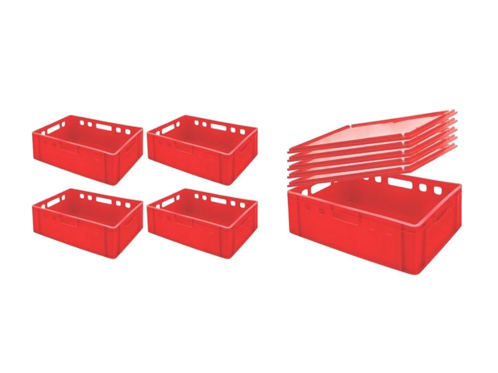 PROREGAL Super Saver Set 5x Eurobakken Slagersbox E2 met deksel HxBxD 20 x 40 x 60 cm 41 liter Rode slagersbox Vleeswarenbox