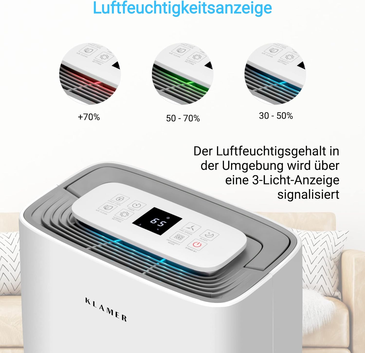 KLAMER Luftentfeuchter elektrisch 20L in 24h mit 5,5L Tank – Leiser, energieeffizienter Raumentfeuchter mit Smart Sensor, Timer & Wäschemodus – Gegen Schimmel, Feuchtigkeit & Kondenswasser