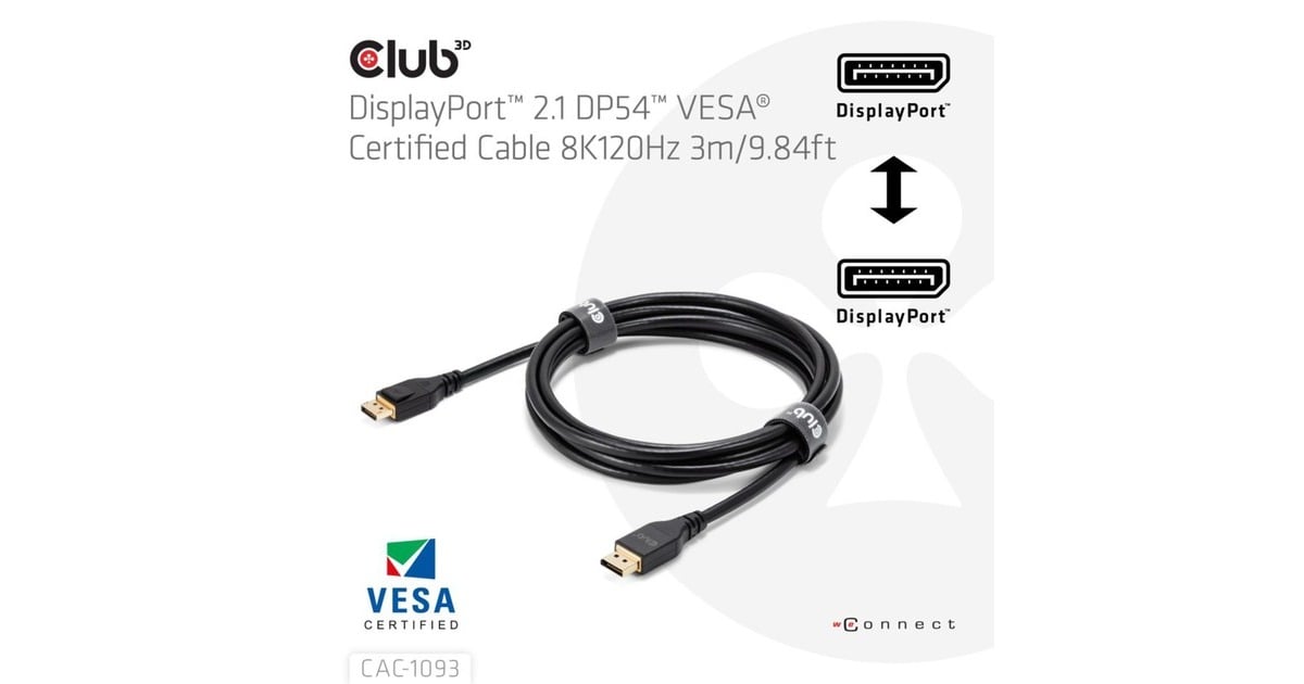 Club 3DDisplayPort 2.1 DP54 VESA Certified Cable 8K120Hz  kabel  (Zwart, 3 meter)
