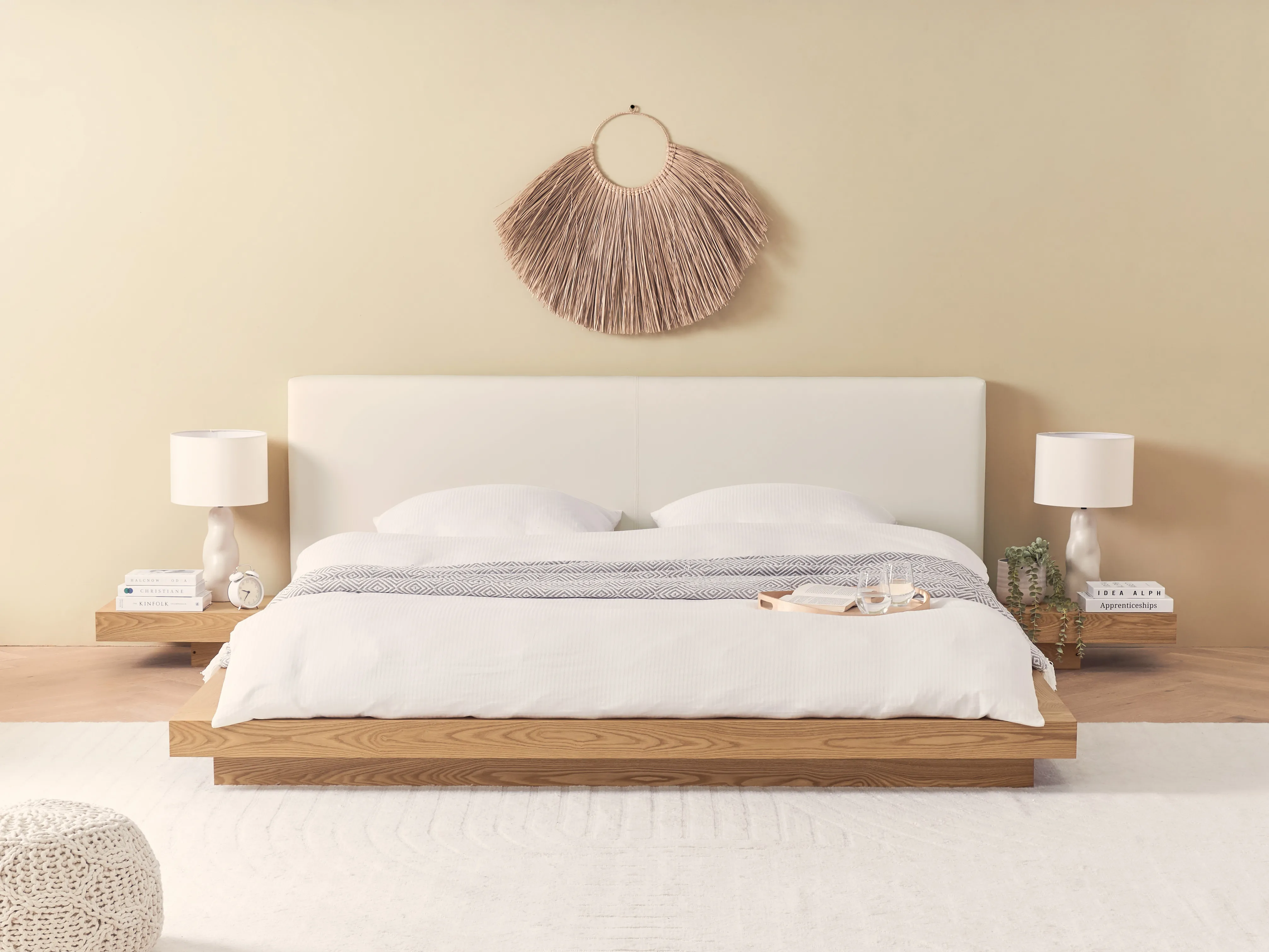 Bed met LED-verlichting Kunstleer ZEN 180 x 200 cm Natuurlijk essenhout