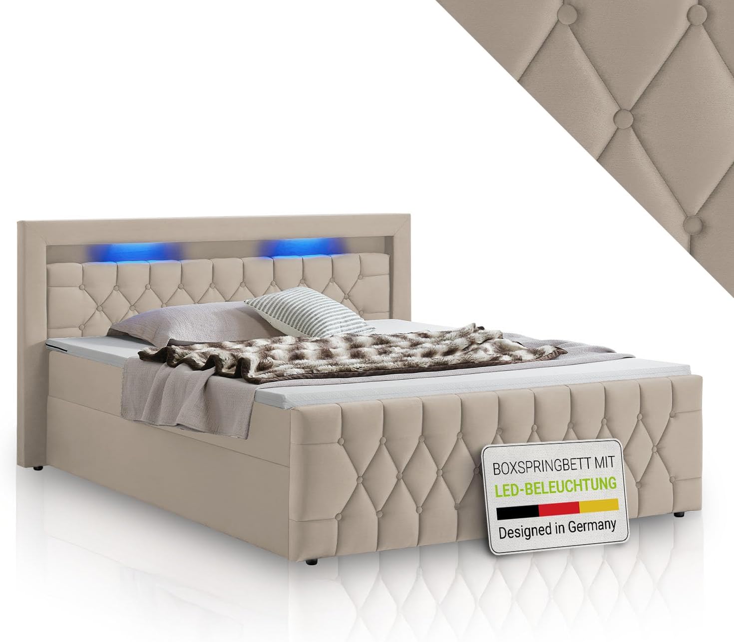 Juskys Boxspringbett Leona 180x200 cm - Bett mit LED Beleuchtung, Topper & H4 Federkern Matratzen - Doppelbett mit Samt und Steppung - Beige