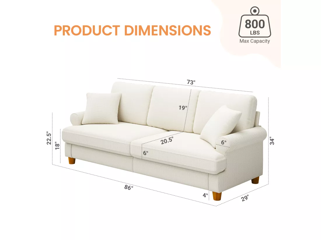 Canapé confort 3 places, Tissu en Chenille, avec accoudoirs,coussins et 2 oreillers, Charge max 365 kg - 220x76x86 cm