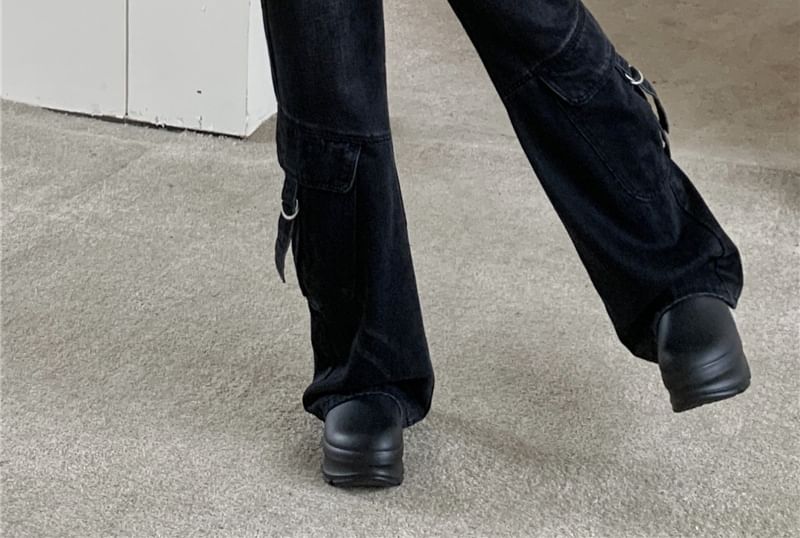 scenesweet - Mid Rise Washed Flared Cargo Jeans