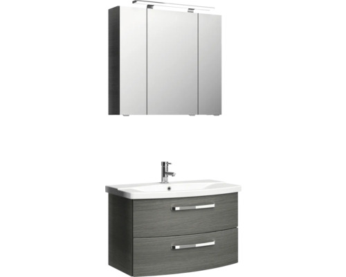 3-delige badkamermeubelset Pelipal xpressline 4010 BxHxD 84 x 200 x 45 cm, fronten in grafietstructuur (horizontaal patroon), met witte keramische wastafel en keramische badmeubel, wastafelkast, spiegelkast met LED-verlichting, chromen grepen, 4010.0