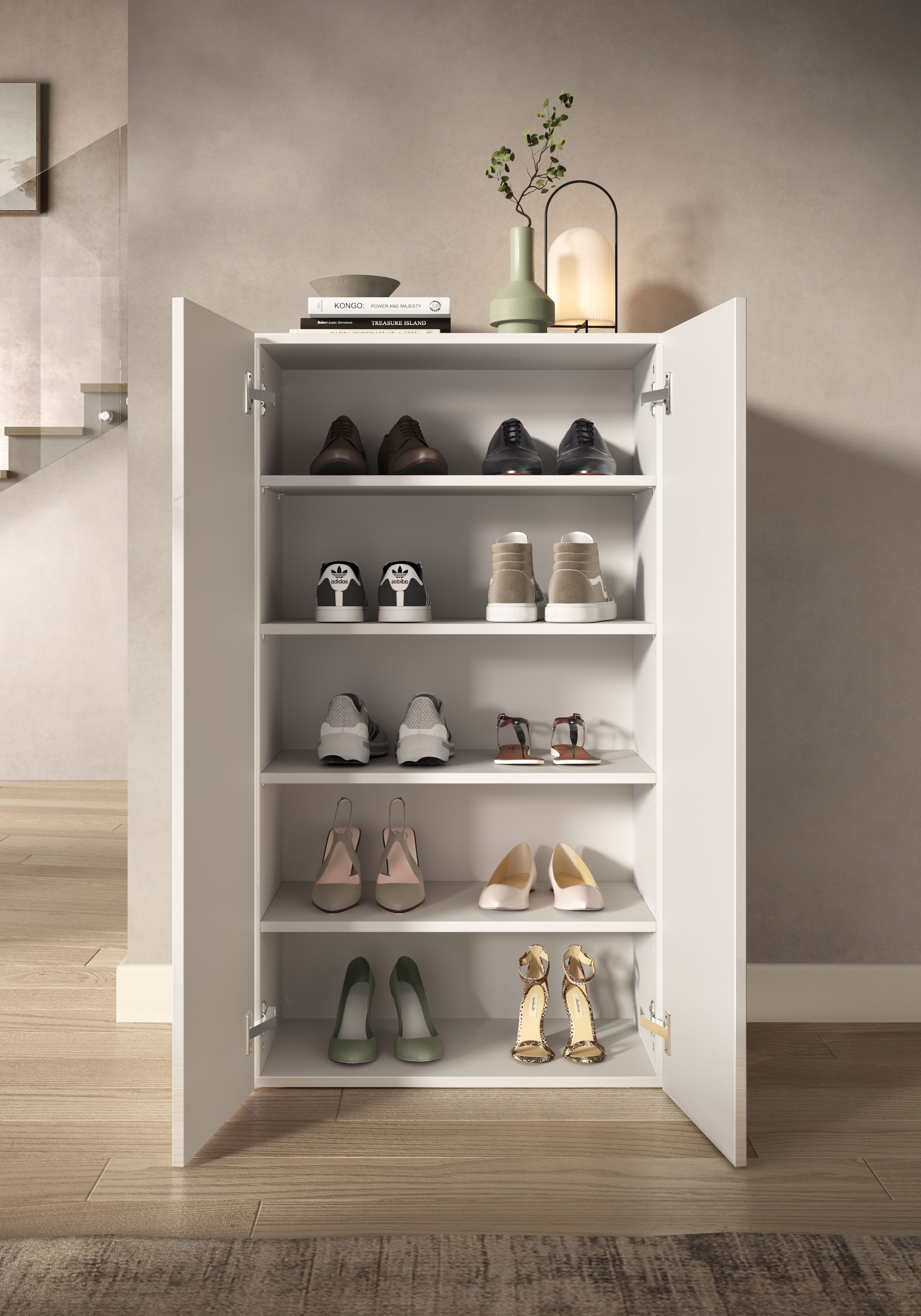 INOSIGN Schuhschrank »SMILE Breite 63 cm, Höhe 114 cm, Schuhregal mit 5 Ebenen,« Schuhkommode in Weiss Hochglanz Lack