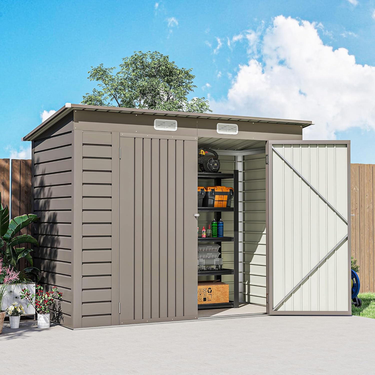 Outsunny Metall Gerätehaus 2,7 m² 249x121x183cm Geräteschuppen mit Pultdach Abschließbarer Doppeltür Entlüftung Schloss Rampe Gartenhaus Outdoor Garten Schuppen für Hinterhof Außenbereich Hellgrau