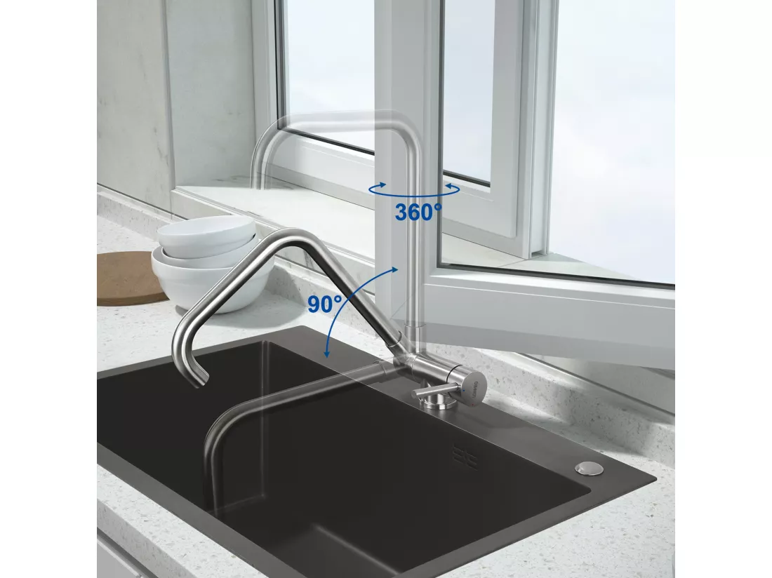Mitigeur de Cuisine Rabattable, Pivotant à 360°,Robinet de Cuisine avec Poignée Pliable Contre Fenêtre, Robinet Mitigeur Evier Acier Inox 304