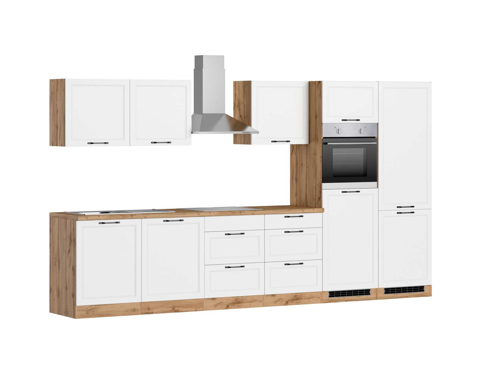Küchenzeile MERAN - weiß - Wotaneiche - mit E-Geräten - Induktionskochfeld - 360 cm
