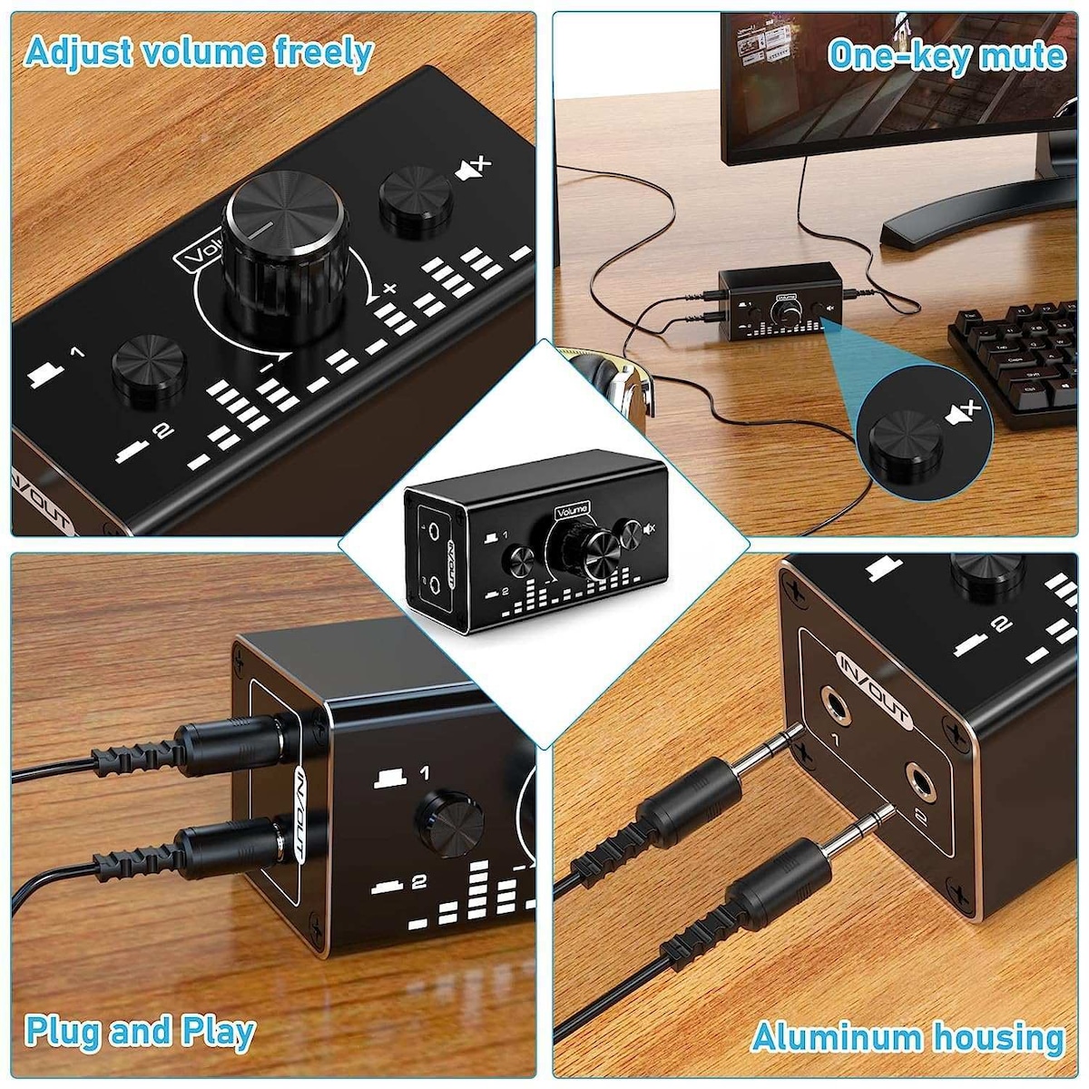 NÖRDIC Bi-Directional 3,5 mm jack lydbryter 2 i 1 ut / 1 i 2 ut analog stille stereolydbryter med volumkontroll