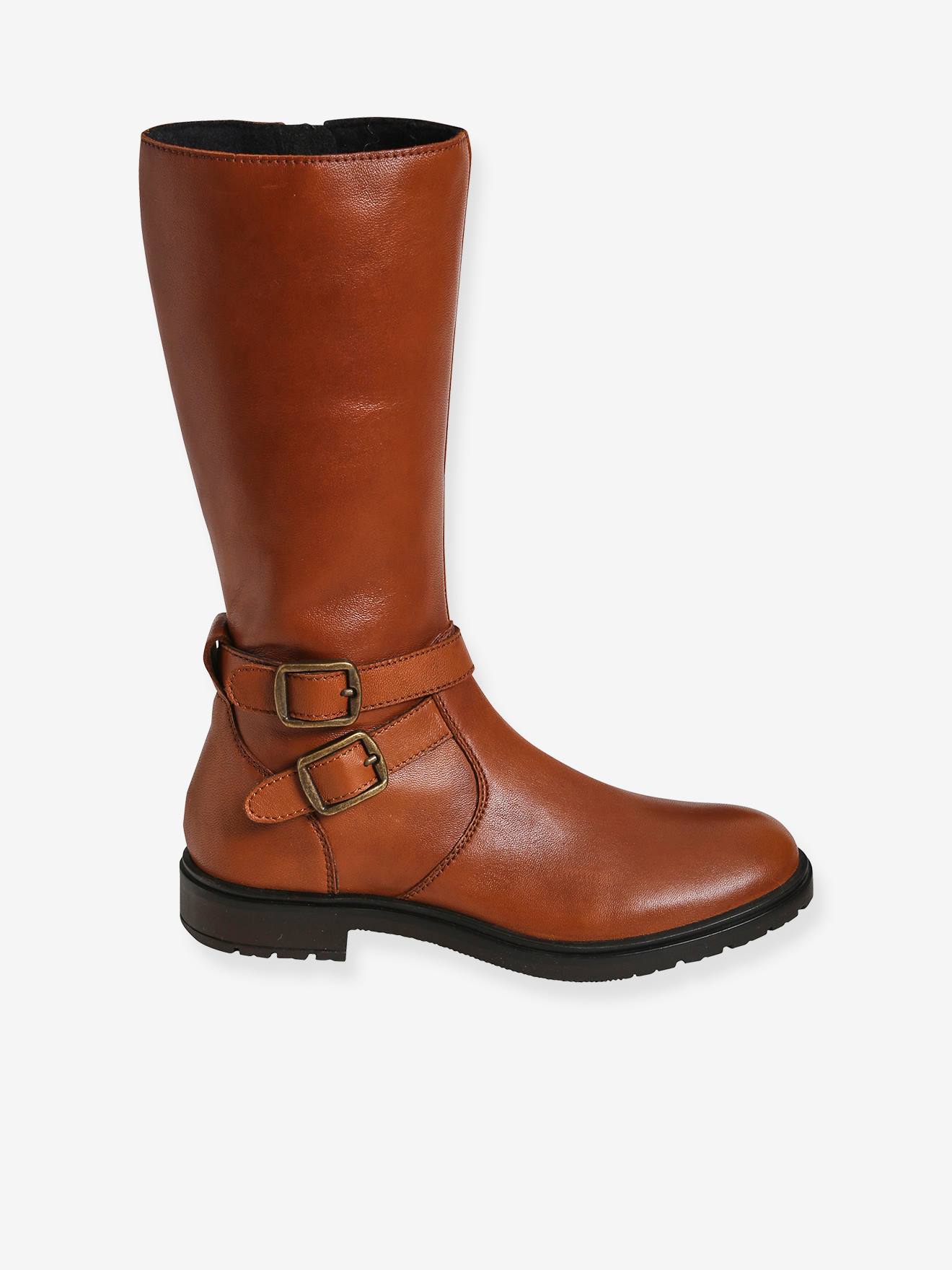Botas de cano alto em couro cor camelo para meninas