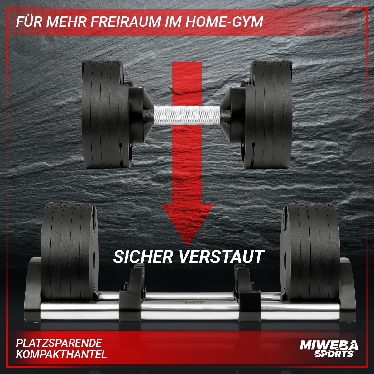 Miweba Sports verstellbare Kurzhantel VH200, Stahl, 2-28 kg, Hantelstange mit Profil, Halte-Gestell (28 kg)