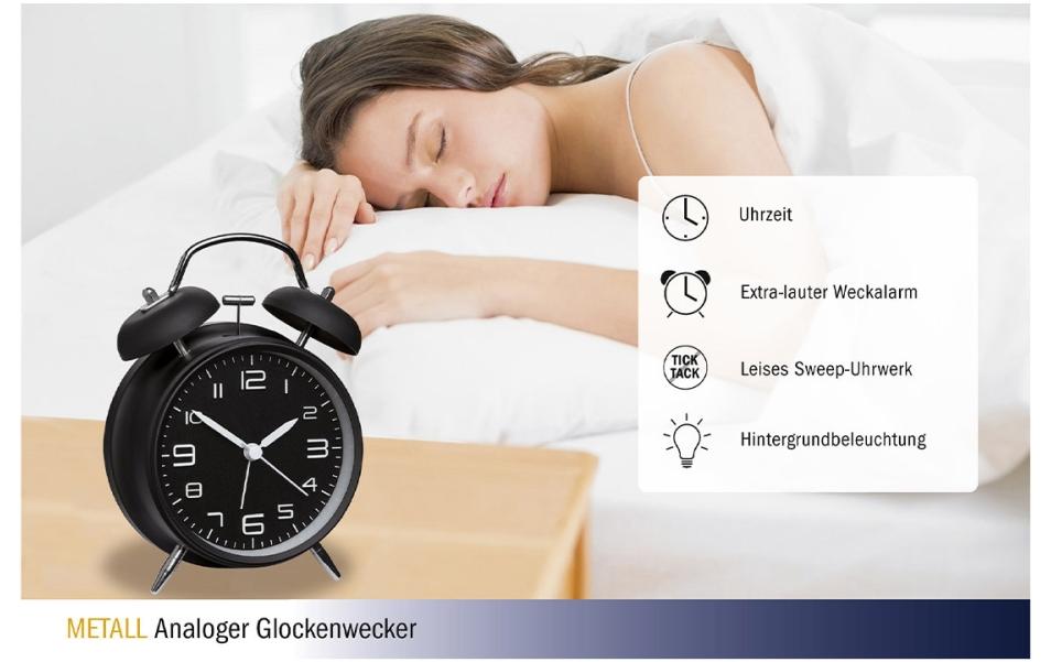 Elektronischer Wecker mit Doppelglocke, SchwarzAnaloger Wecker mit extra lautem Alarm