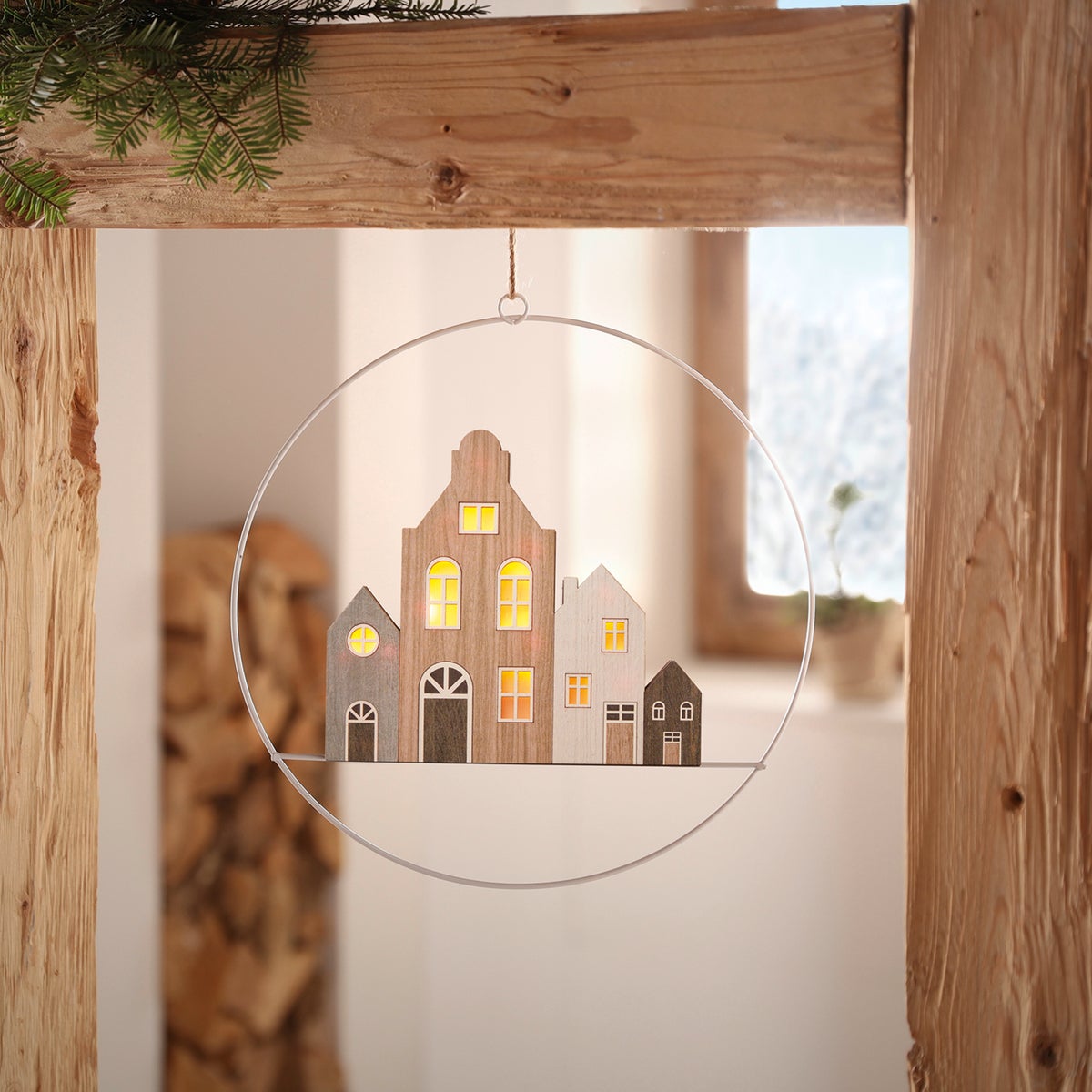 FRANK FLECHTWAREN | LED Hangende Huizen, 30 x 1 x 30 cm, HOUT, METAAL, KUNSTSTOF