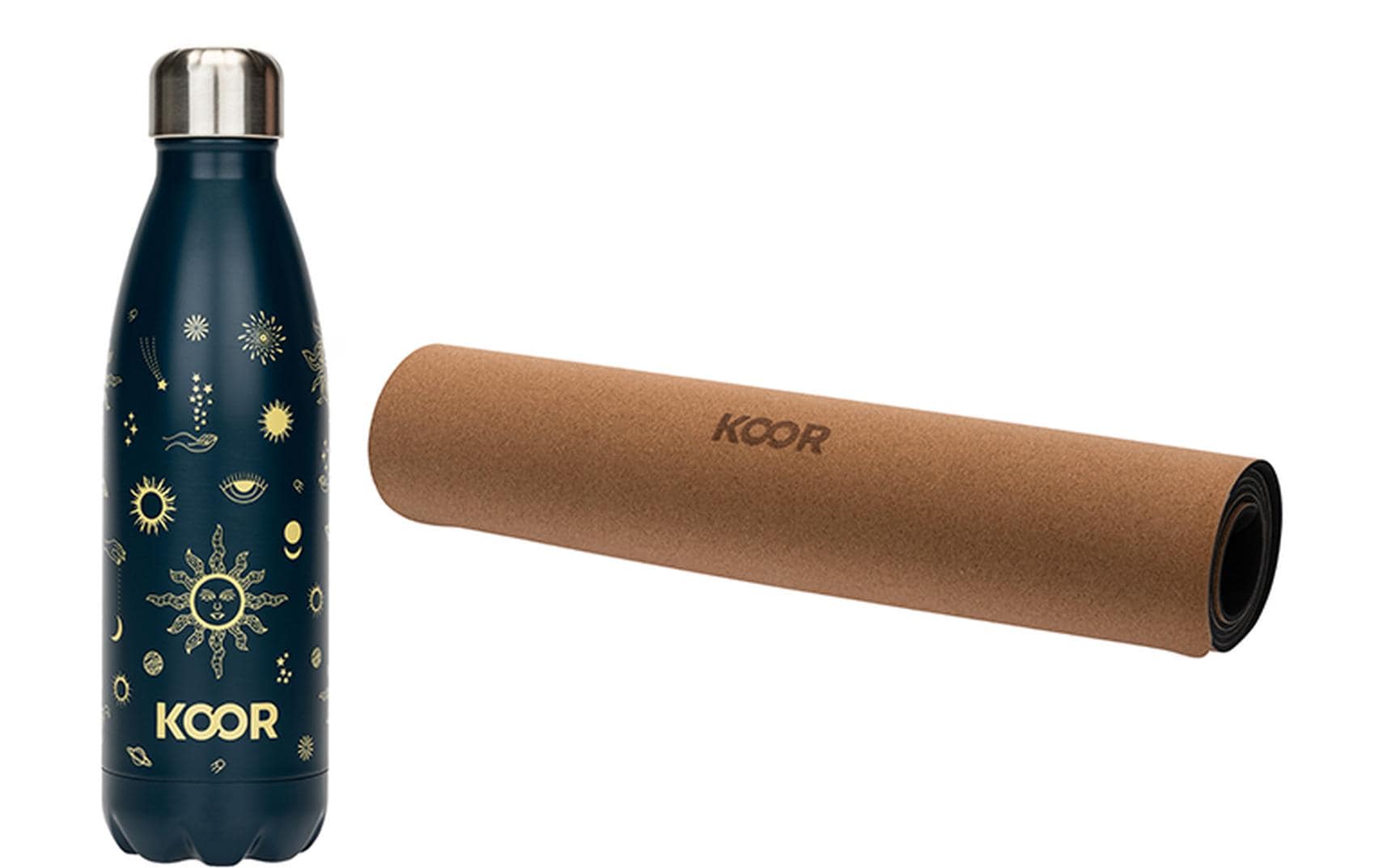 Yogamatte Kork Pro und Trinkflasche 500 mlNachhaltige Trainingsmatte und Thermosflasche aus Edelstahl
