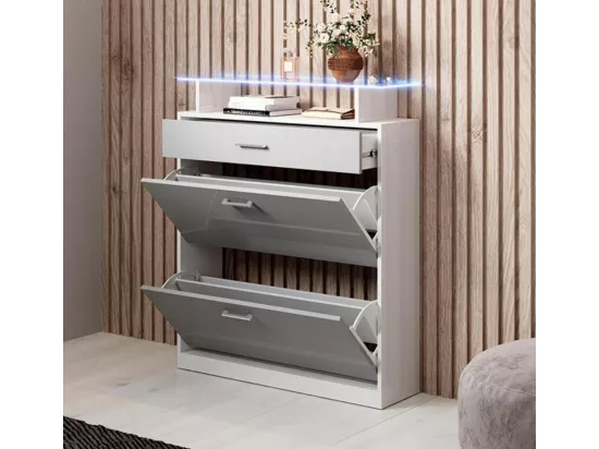 Meuble d’entrée à chaussures en Blanc et Gris avec LED 89x24x105cm Paola