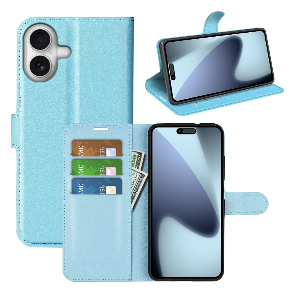 iPhone 17 Leder Tasche Flip Cover Litchi Look - Blau