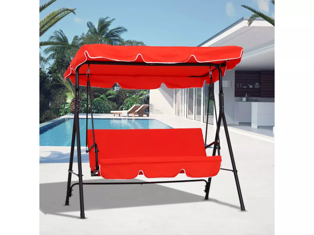 Balancelle de jardin 3 places toit inclinaison réglable coussins assise et dossier 1,72L x 1,1l x 1,52H m acier noir polyester rouge