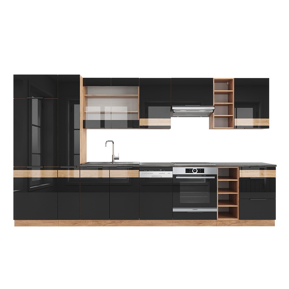 Vicco Küchenzeile Küchenblock Einbauküche Fame-Line Eiche Schwarz 355 cm modern Hochglanz Küchenschränke Küchenmöbel