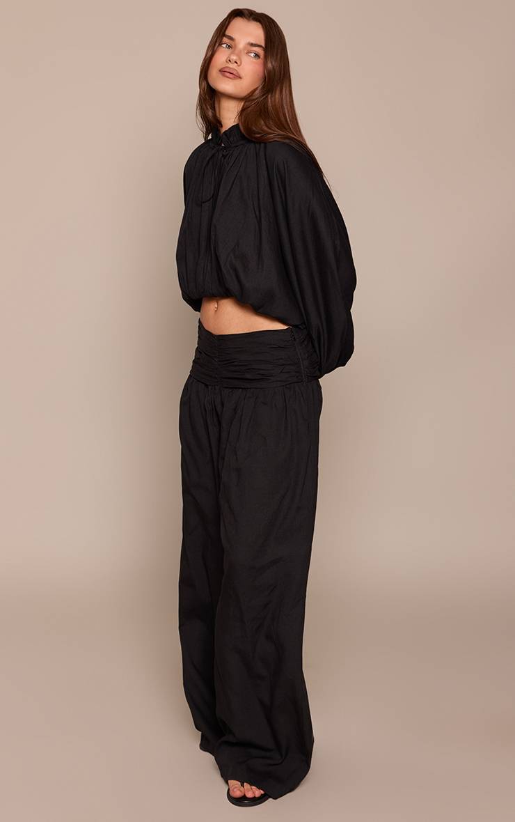Noir Pantalon Co-ord En Lin Avec Taille Froncée