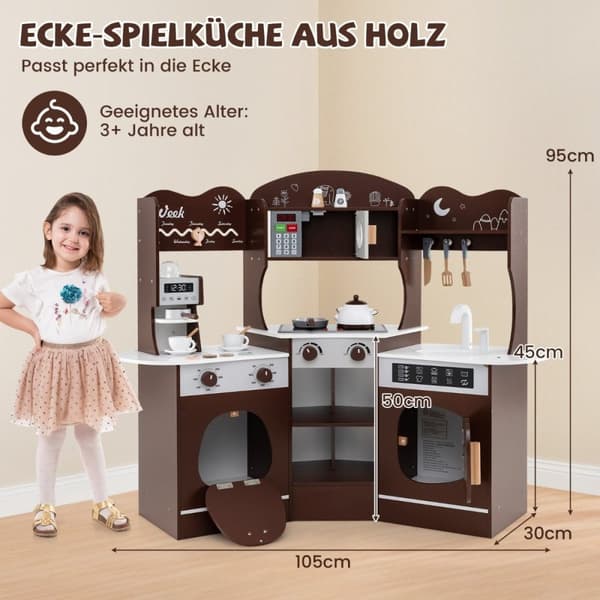 Hjørnelekekjøkken i tre med lyd & Lys & Kaffemaskin & Slide Toddler Kitchen Lekesett Brun