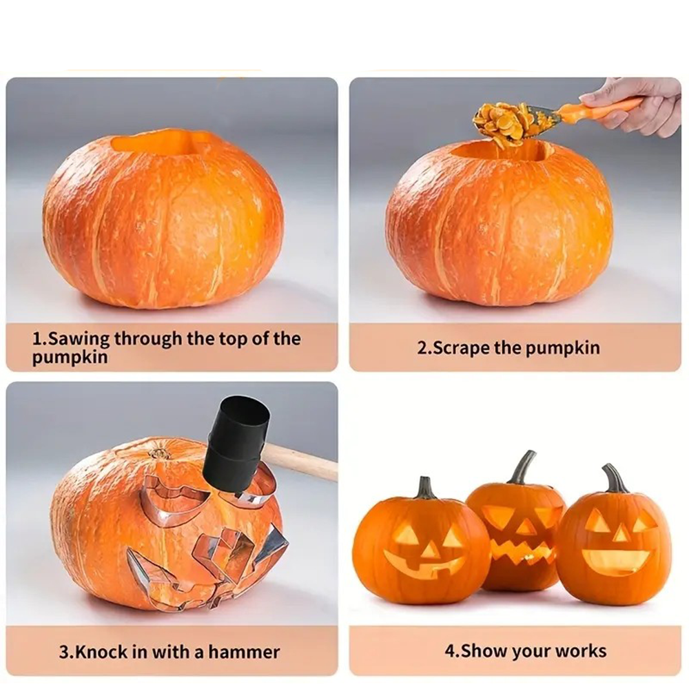 (12-tlg. Set) Edelstahl Halloween DIY Deko Kürbis Schnitz Werkzeug Pumpkin Aushöhlen inkl. Ausstechformen - Silber