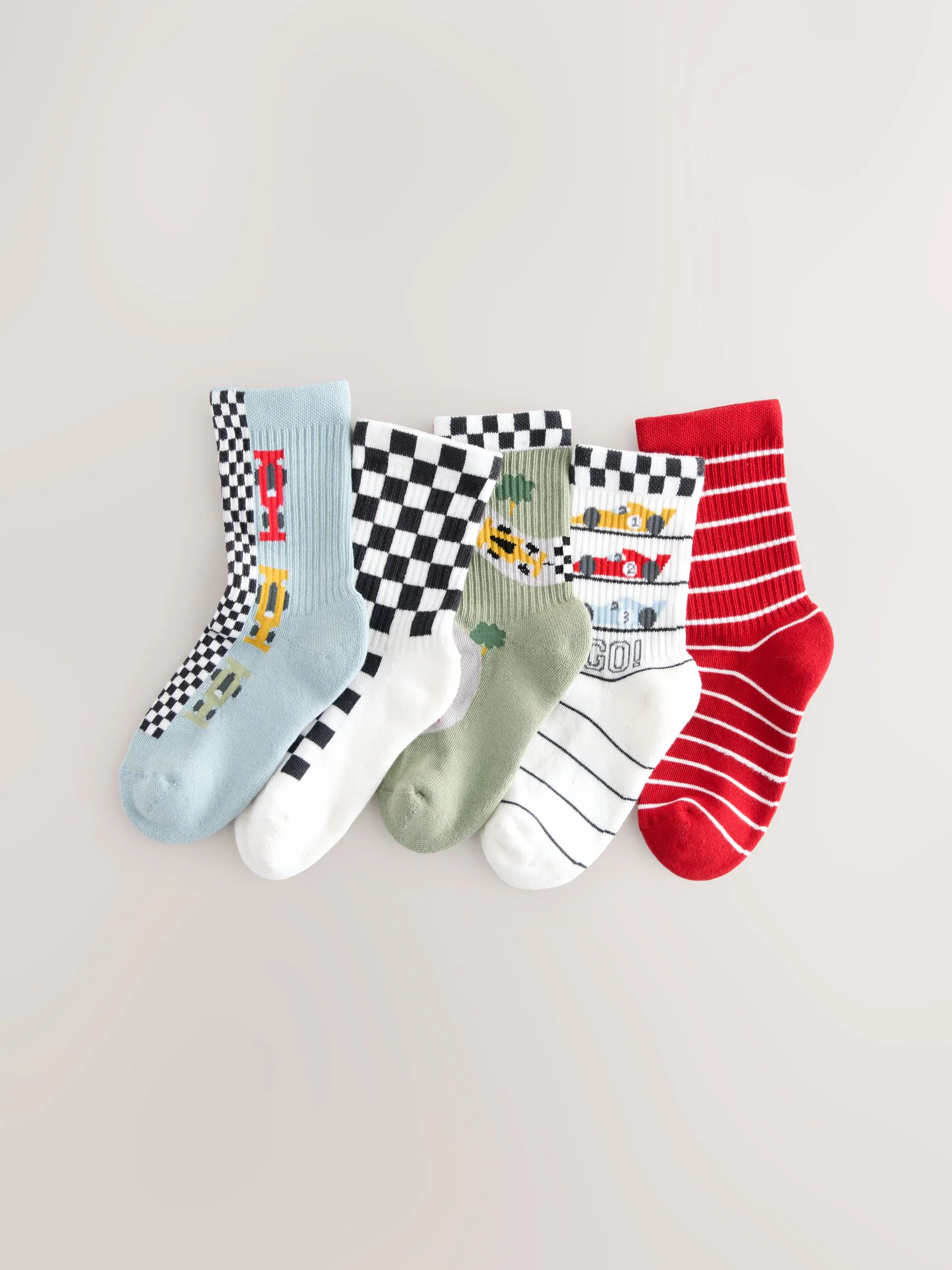 Red/White Race Cars - Set van 5 paar geribbelde sokken met verzacht voetbed en katoengehalte