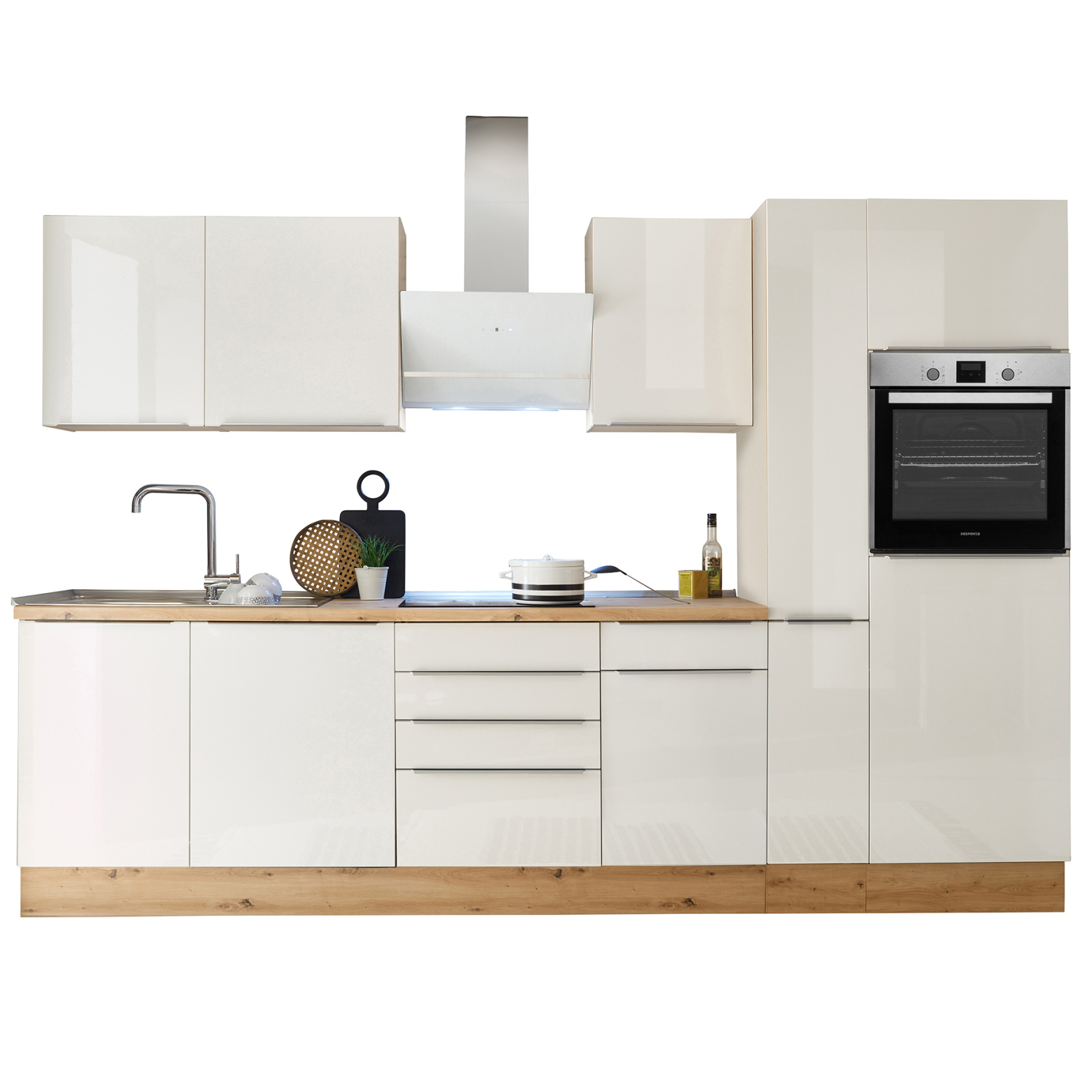 RESPEKTA Küchenblock - weiß Hochglanz - Artisan Eiche Sägerau - mit E-Geräten - 310 cm