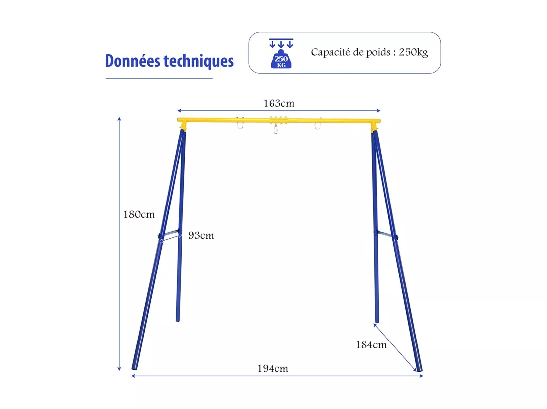 Portique de Balançoire pour Enfants en Forme de A Charge 250KG avec 2 Méthodes de Fixation Piquets d'Ancrage 194x180x180cm