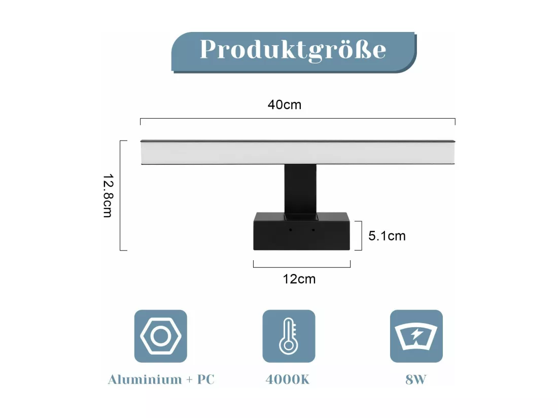 NETTLIFE Applique LED salle de bain，lampe miroir LED,IP44 lampe armoire, Moderne, lumière blanche neutre 4000k MAX.8W, 40×5.1×12.8cm, noire
