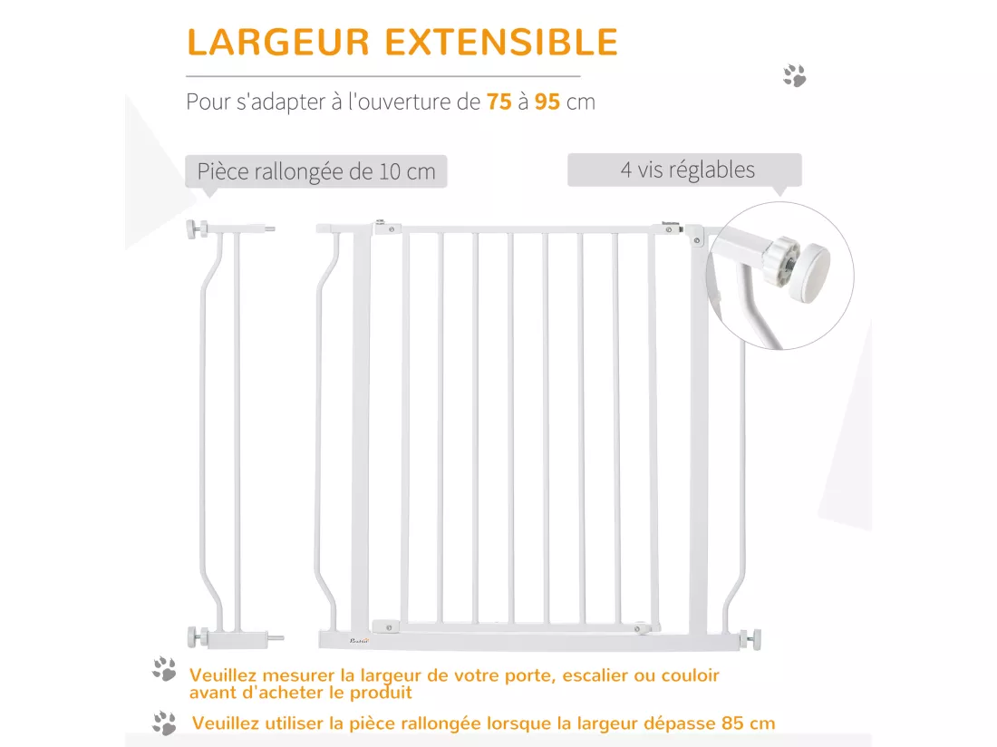 Barrière de sécurité animaux - longueur réglable dim. 75-95 cm - porte double verrouillage, ouverture double sens -sans perçage - acier ABS blanc