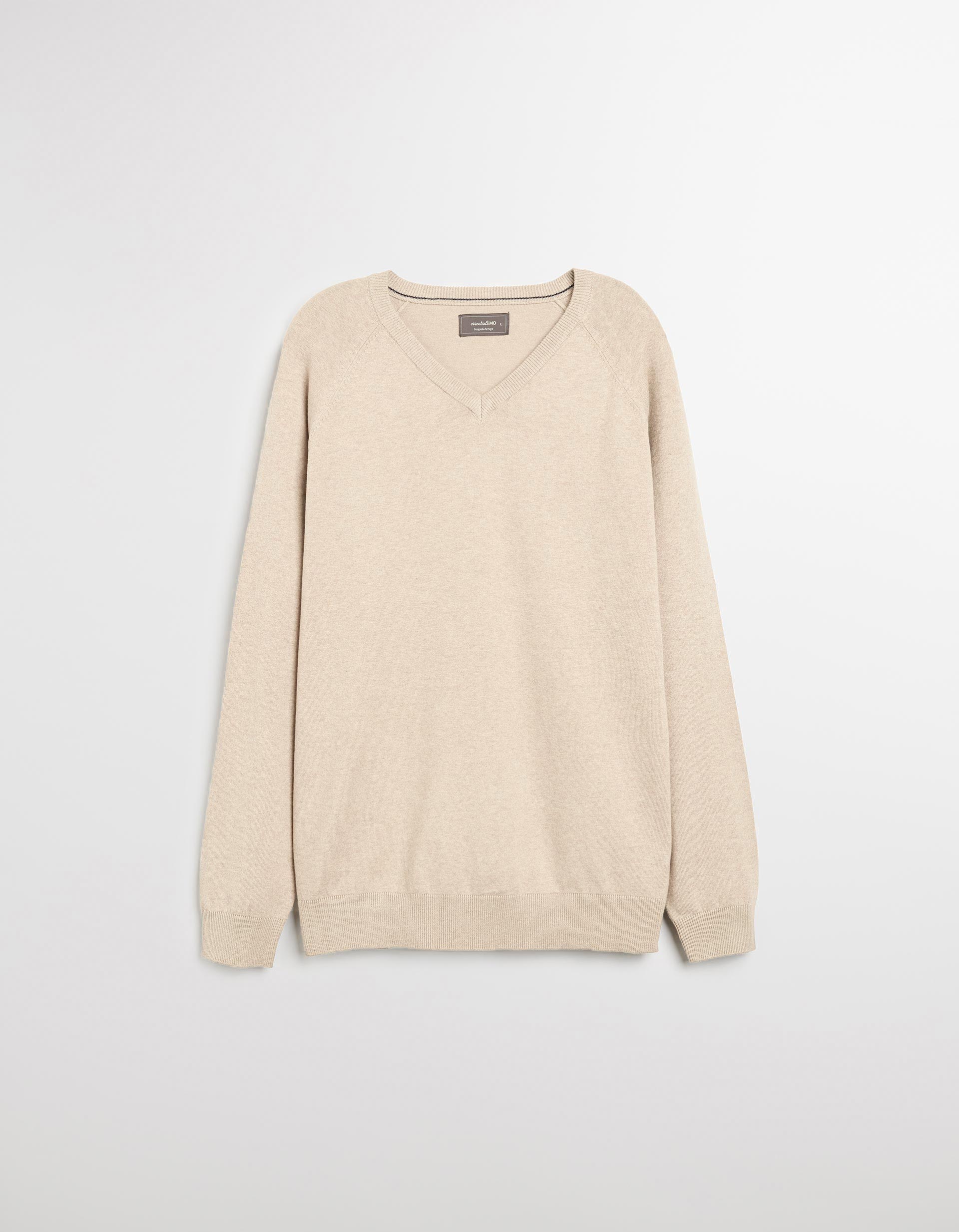 Camisola de Malha Decote em V, Homem, Bege Claro