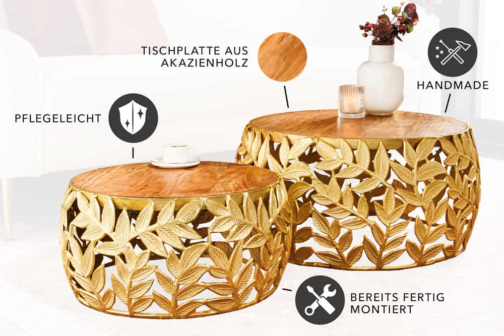 Rundes 2er Set Couchtische ABSTRACT LEAF 70cm natur gold Massivholz Akazie Metall Blatt-Design